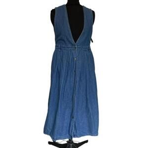 Vintage Blue Denim Sleeveless Dress with‎ Button Front